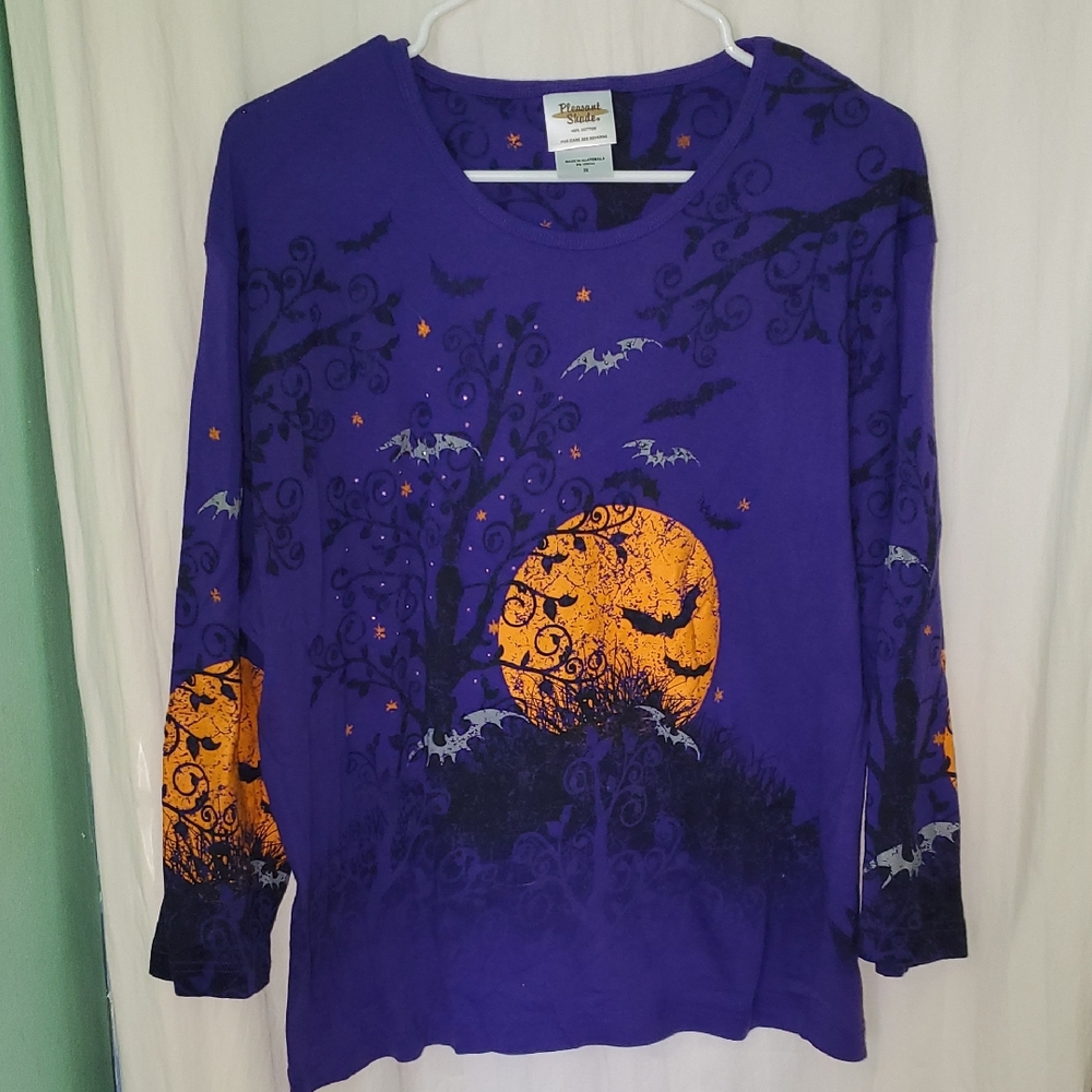 Vintage Y2k Sparkly Bedazzled Halloween Bats Moon Spooky Trees 3/4 Sleeve Top